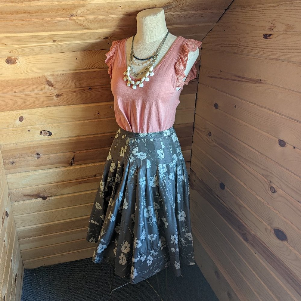 DKNY Grey Floral Silk A-line Skirt